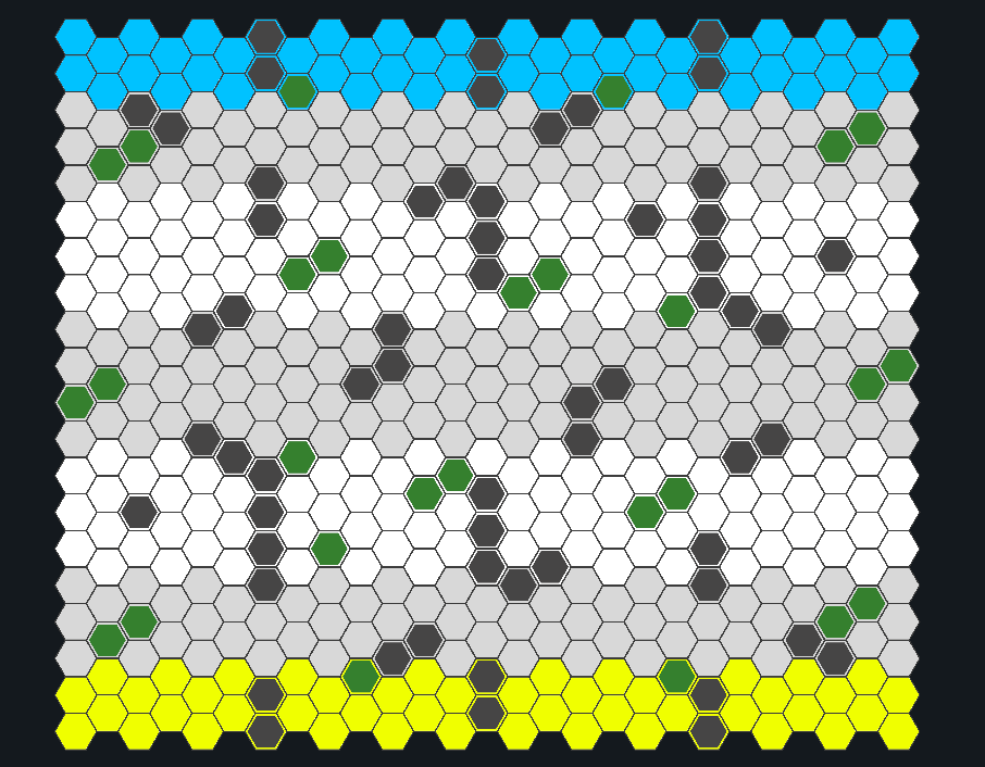 Two player battle board with cover and deployment zones